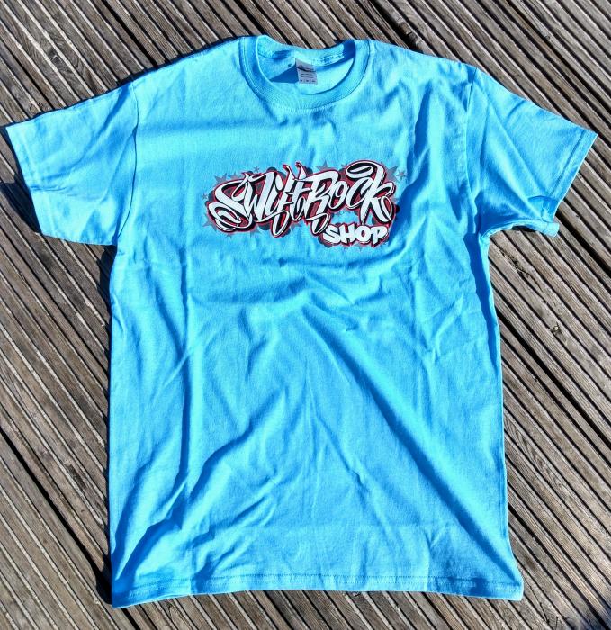 Swift Rock Shop Stars and Clouds Logo T Shirt Hellblau